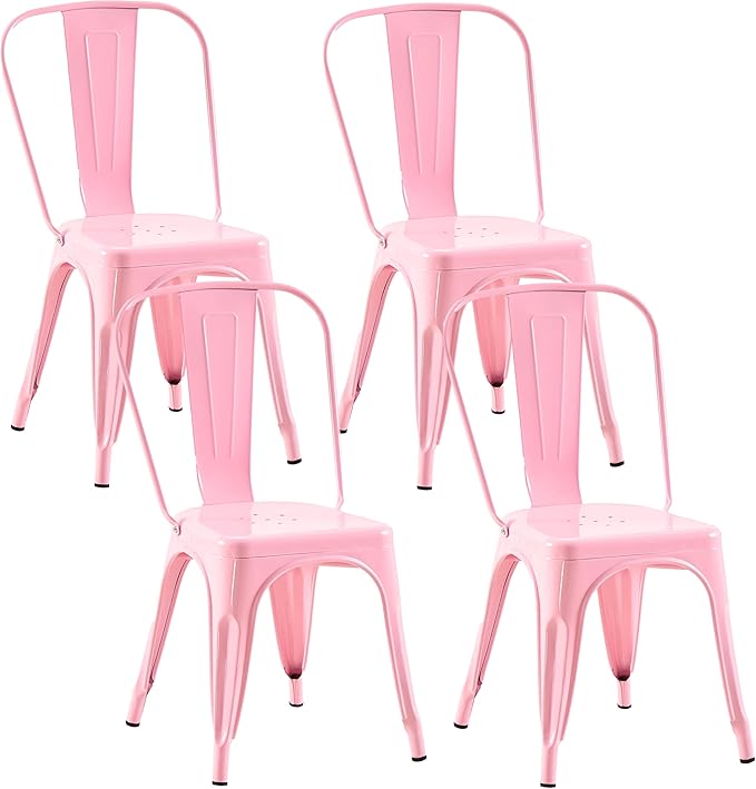 Metal Dining Chairs Set of 4,Stackable Tolix Chair Indoor/Outdoor for Kitchen,Cafe,Restaurant,Bistro & Patio Multiple Colors(Pink)