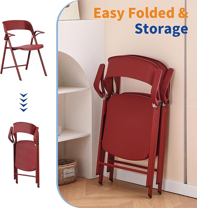 Office Chair Adjustable Arms, Plastic Folding Chairs for Outside, Collapsible Dining Chairs, Portable Foldable Chair for Indoor, Outdoor, Wedding, Party, Office, Balcony, Garden (Red, 2Pack)