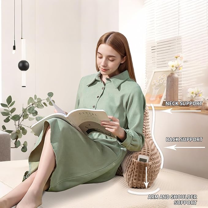 PAJEO Reading Pillow for Sitting in Bed, Large Backrest Reading Pillow with Arm Rest,Back-Rest Support Cushion for Sit Up on Couch, Sofa, and Floor, Dorm Essentials (Khaki Flannel, Large(19"))