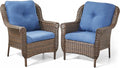 ACTREST Patio Wicker Chairs Outdoor Furniture Chair - Set of 2 Outside All Weather Lawn Dining Brown Rattan Armchair with High Back&Deep Seating for Deck Porch Balcony Backyard Garden - Navy Blue