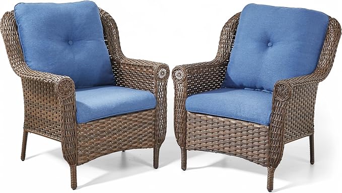 ACTREST Patio Wicker Chairs Outdoor Furniture Chair - Set of 2 Outside All Weather Lawn Dining Brown Rattan Armchair with High Back&Deep Seating for Deck Porch Balcony Backyard Garden - Navy Blue