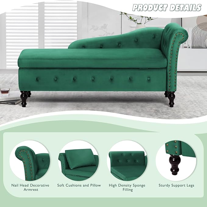 ACMEASE Chaise Lounge with Right Armrest & Lumbar Pillow,Button Tufted Lounge Sofa with Storage,Lounge Chair Indoor,Modern Upholstered Velvet Lounge Chair for Bedroom, Living Room and Office,Green