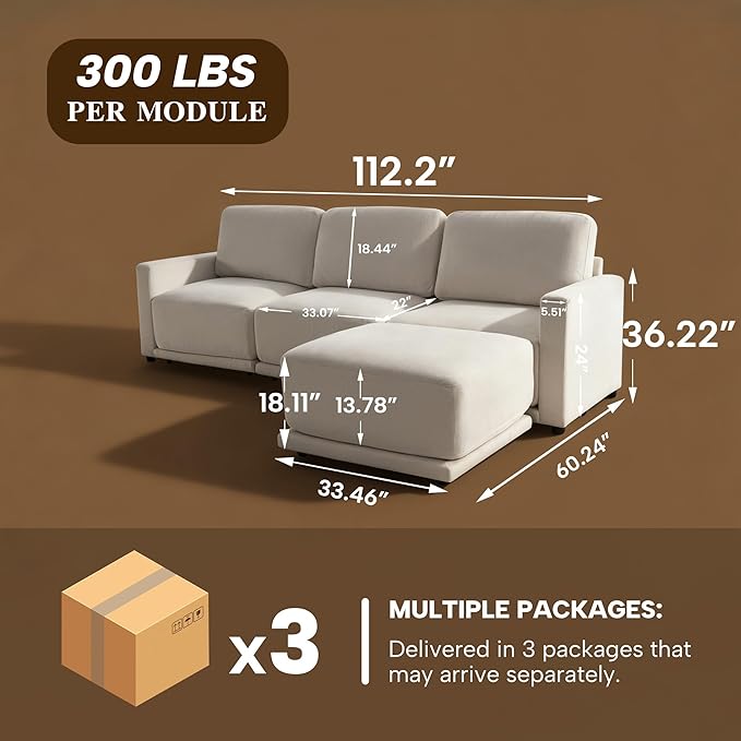 CAPCAPA 112" Modular Sectional Couches for Living Room, L-Shaped Modern Sofa with Ottoman, 4-Piece Chenille Sofa Set for Home Furniture, Beige