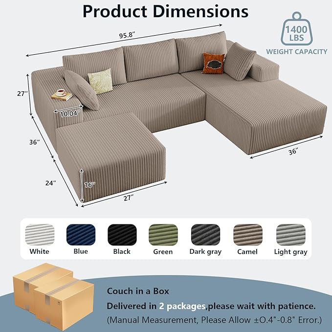96" W Cloud Sectional Couch with Ottoman,Modern U-Shaped Cloud Couch with Deep Seat,Comfy Corduroy 3-Seater Sofa,Memory Foam Sofa for Living Room,No Assembly (Camel,Right-Facing Chaise)