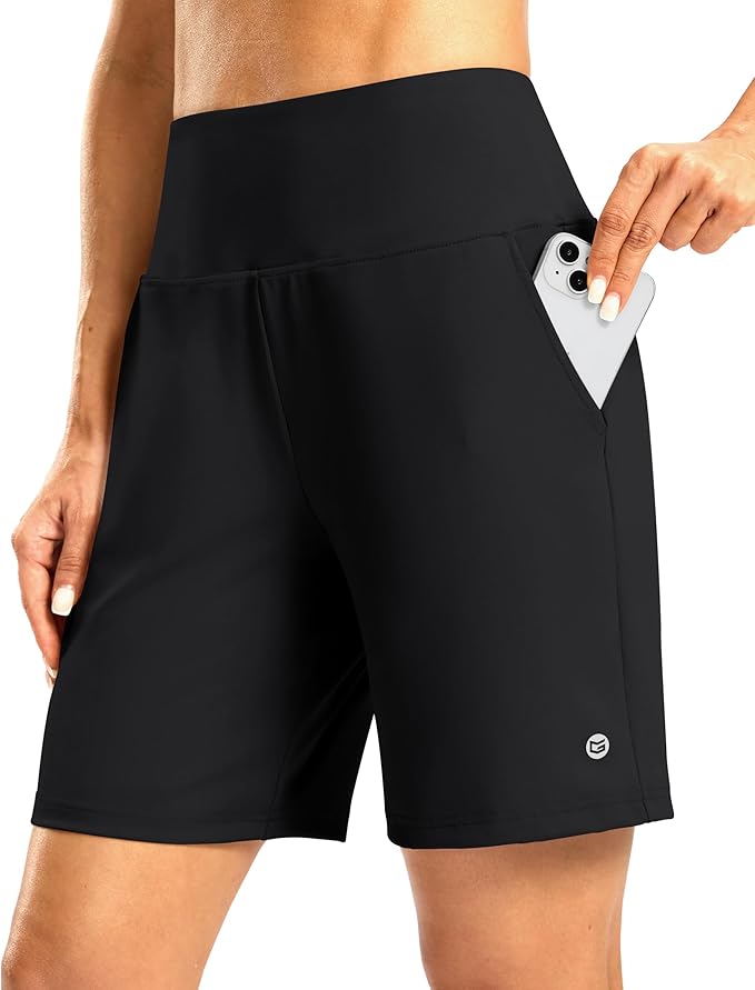 Women's Athletic Shorts with Zipper Pocket 7" High Waisted Stretchy Bermuda Shorts for Women Workout Running Casual
