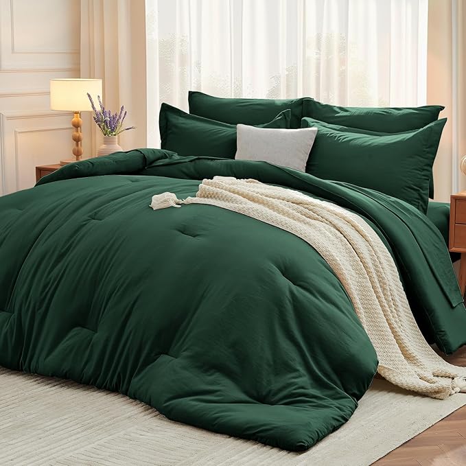 MUXHOMO 7 Pieces King Comforter Set, Soft Bed in a Bag King Size, All Season Bedding Set with Comforter, Flat Sheet, Fitted Sheet, Pillowcases & Shams, Dark Emerald Green