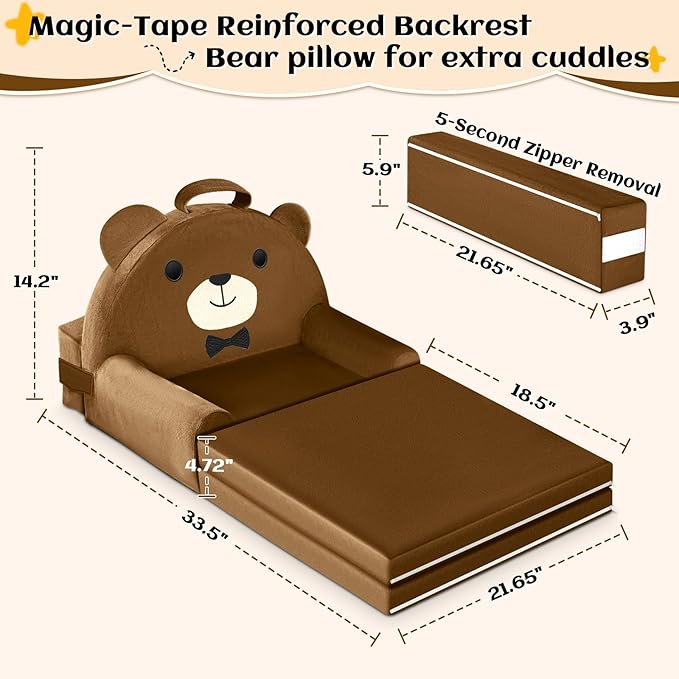 ORWIPO Kids Sofa Bed with Removable Washable Cover & Magic-Tape Backrest – Foldable Toddler Chair, Cozy Crystal Velvet Furniture for Playtime, Naps & Travel (Soft Brown, Bear Design)