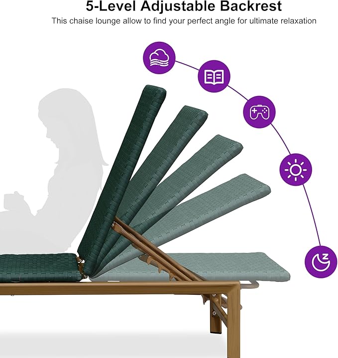 PURPLE LEAF Patio Chaise Lounge Chairs Outdoor 1 Piece, Wicker Pool Lounge Chairs for Outside with Adjustable Backrest, Aluminum Sunbathing Lounger for Patio, Poolside, Garden, Green