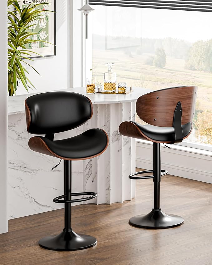 Aowos Bar Stools Set of 4, Adjustable Swivel Bar Stools Mid-Century Modern PU Leather Counter Height Bar Stool for Kitchen Island Bar Chairs with Back (Black)