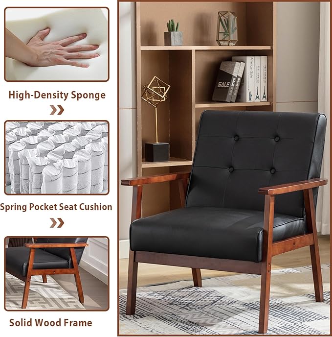JIASTING Mid-Century Retro Modern Leather Accent Chair Set of 2 Wooden Arm Chair Upholstered Tufted Back Lounge Chairs for Office Living Room
