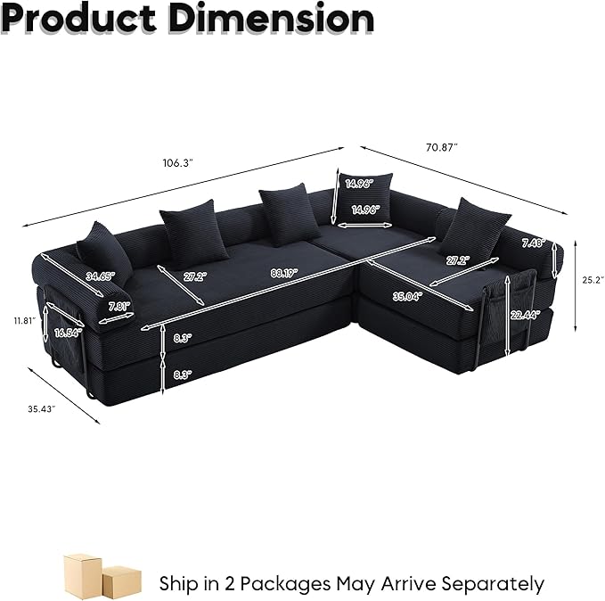 L Shape Convertible Sofa Bed with Cylindrical Pillow and Storage Pocket, Convertible Sofa Couch Bed with Support Frame for Living Room Bedroom Children Room-Black