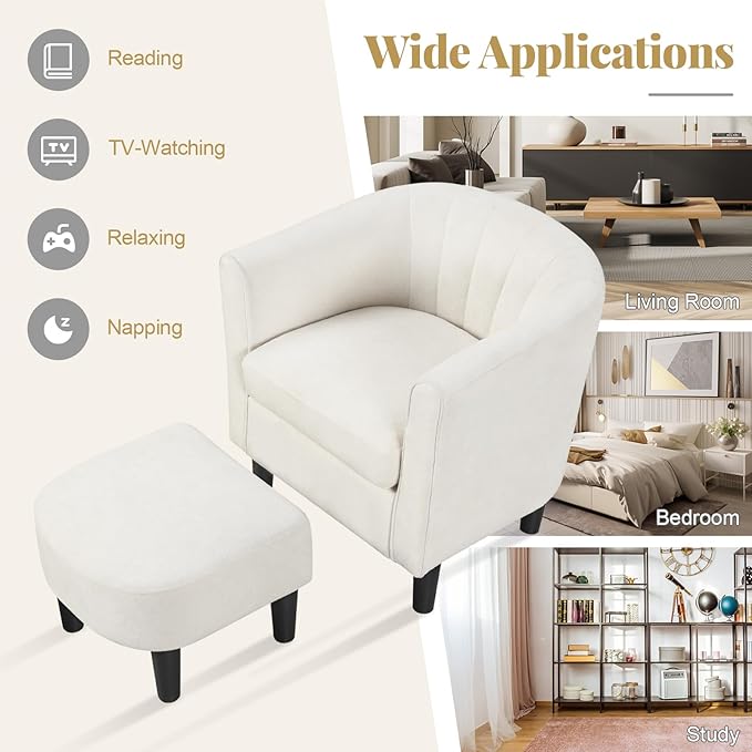 GOFLAME Accent Chair with Ottoman, Modern Teddy Velvet Barrel Chair with Footrest, Curved Backrest, Removable Seat Cushion, Upholstered Club Tub Sofa, Reading Armchair for Living Room, Bedroom, Beige