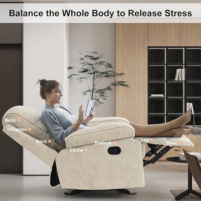KeyEnergy Manual Rocker Recliner Chair for Adults, High Back Glider with Deep Seat, Upholstered Fabric Armchair for Living Room & Nursery, Beige