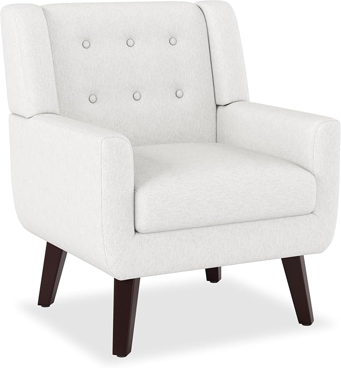 Accent Chairs, Mid-Century Modern Upholstered Living Room Armchair, Comfy Oversized Linen Fabric Single Reading Arm Chair with Tufted Back and Wood Legs for Bedroom, Club (1, Beige)