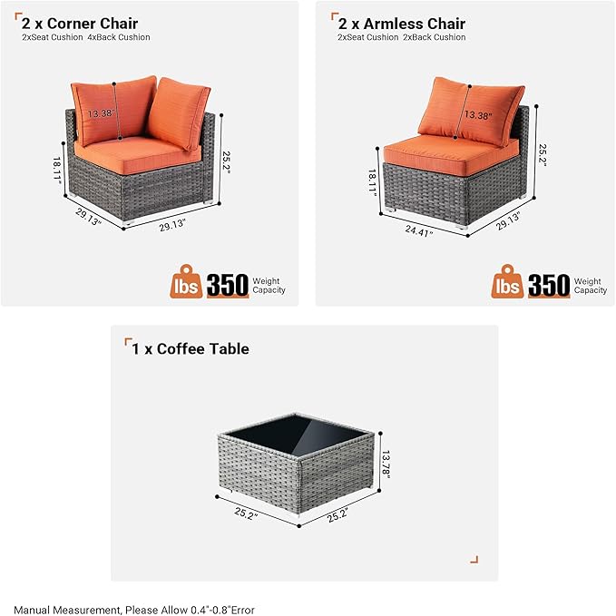 ovios Outdoor 5 Piece Coversation Set with Coffee Table,Sectional Patio Furniture Set with All-Weather Wicker Sofa,Modern Outside Couch for Balcony Backyard Pool, Orange