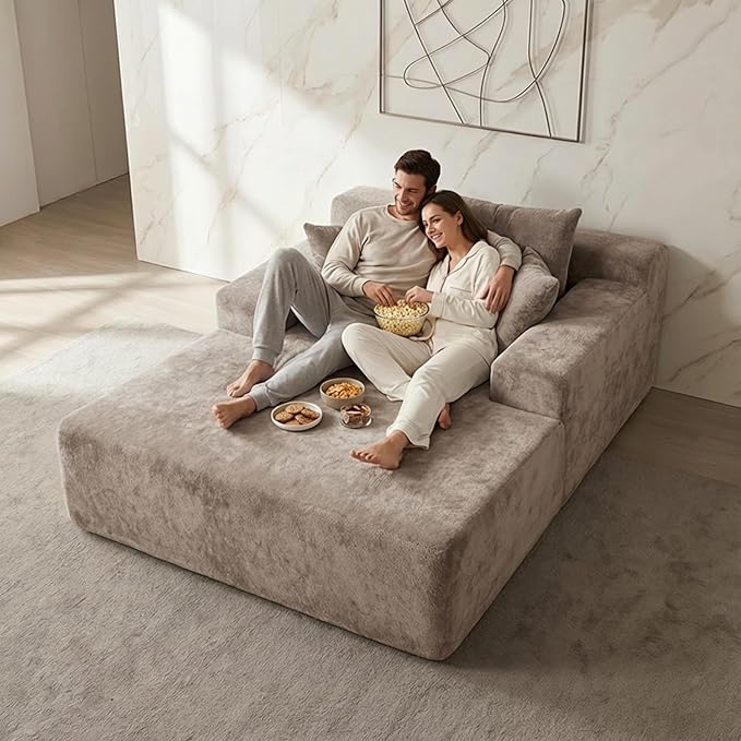 Sytopia Chaise Lounge with Armrests, Oversized Sofa Bed with 3 Pillows, Cozy Boneless Couch, Sleeper Reading Chair for Living Room Bedroom, Floor Sofa Chenille, Furniture Sala, Cashmere Beige