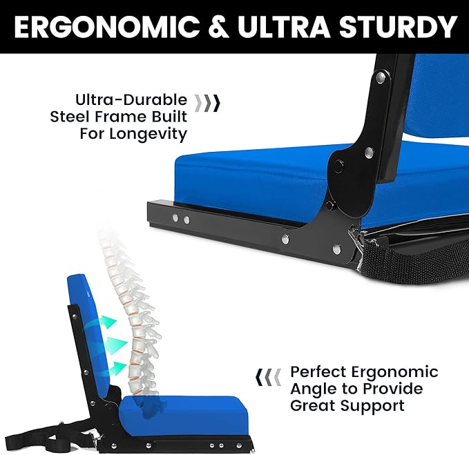 Stadium Seats for Bleachers, Bleacher Seats with Ultra Padded Comfy Foam Backs and Cushion, Wide Portable Stadium Chairs with Back Support and Shoulder Strap, 1 Pack, Blue