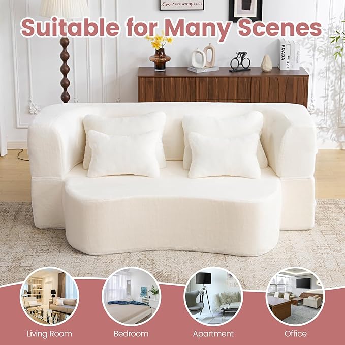 Orynveela Convertible Folding Sofa Bed, 78” Full Size Floor Sleeper Couch, Chenille Full Foam Curved Back Futon Loveseat for Living Room Bedroom, No Assembly (Beige White)