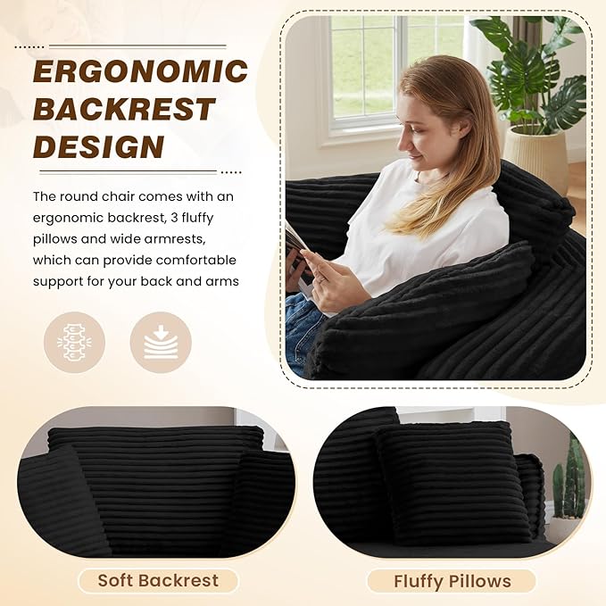 53"W Oversized Round Chaise Longue Chair Indoor,Corduroy Fluffy Comfy Cloud Chair,Circle Bean Bag Sofa with Foam Filling & Pillows,Boneless Reading Cozy Sofa Chairs for Living Room,Bedroom,Black