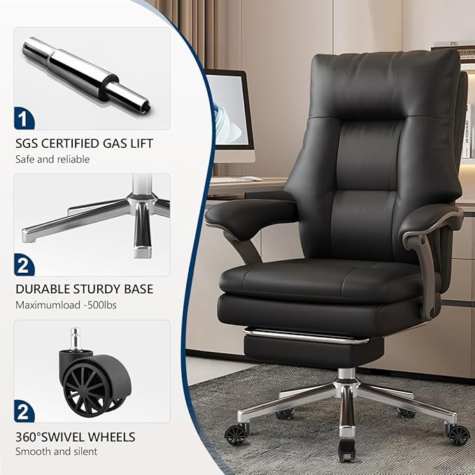 WXJHL Big and Tall Office Chair 600 lbs Wide Seat, Leather High Back Executive Office Chair with Leg Rest, Ergonomic Desk Chairs with Lumbar Support for Home Office, Black