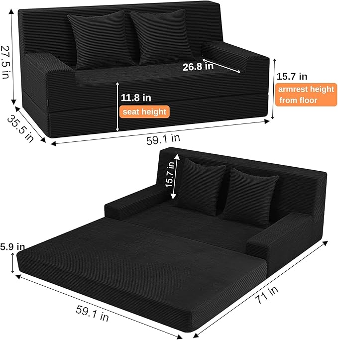 MeMoreCool Corduroy Folding Sofa Bed Queen – Convertible 2‑in‑1 Futon Couch | Foldable Foam Sleeper with Detachable Pillow, Machine‑Washable Cover & Space‑Saving Design for Living Room or Guest Room