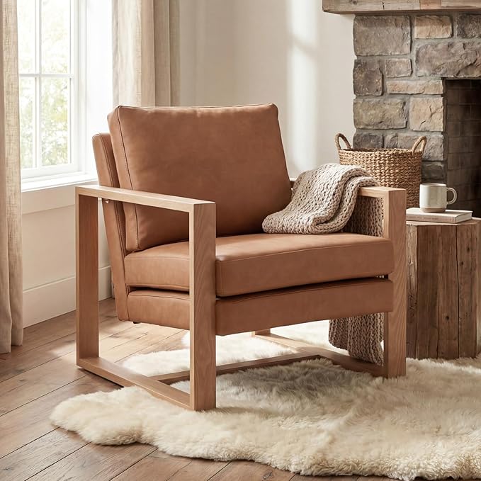 Modern Faux Leather Accent Chair for Living Room Bedroom Mid Century Armchairs with Metal Frame, Upholstered Office Accent Chairs Comfy Waiting Room Chairs with Metal Frame, PU Brown