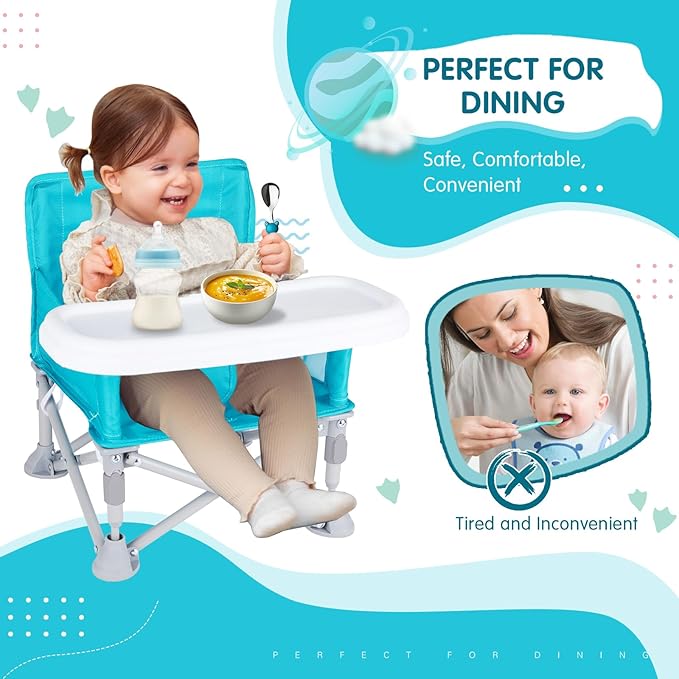Furmubei Portable Baby Booster Seat with Tray, Toddler Booster seat for Dining, Camping, Travel, Baby Beach Chair 6 Months to 3 Years Old Indoor Outdoor Use Cyan