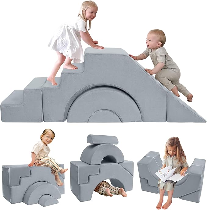 MeMoreCool Modular Kids Sofa – Convertible Foam Couch with Slide & Stair, Playroom & Bedroom Sectional Child Furniture | Soft Washable Cover | Ages 3+ | Grey