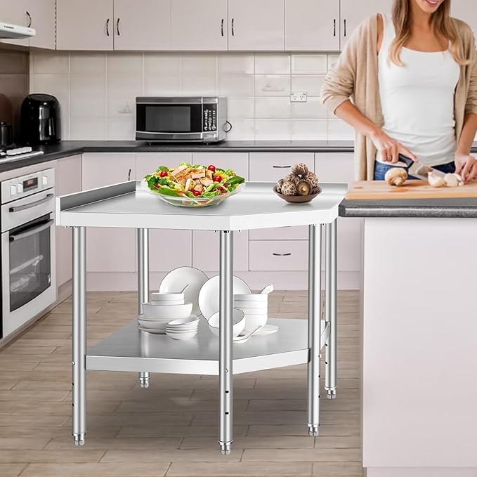 Commercial Stainless Steel Corner Work Table – NSF Approved with Splash Guard & Adjustable Shelf, Heavy Duty Kitchen Prep Bench for Restaurant & Home Use, Silver