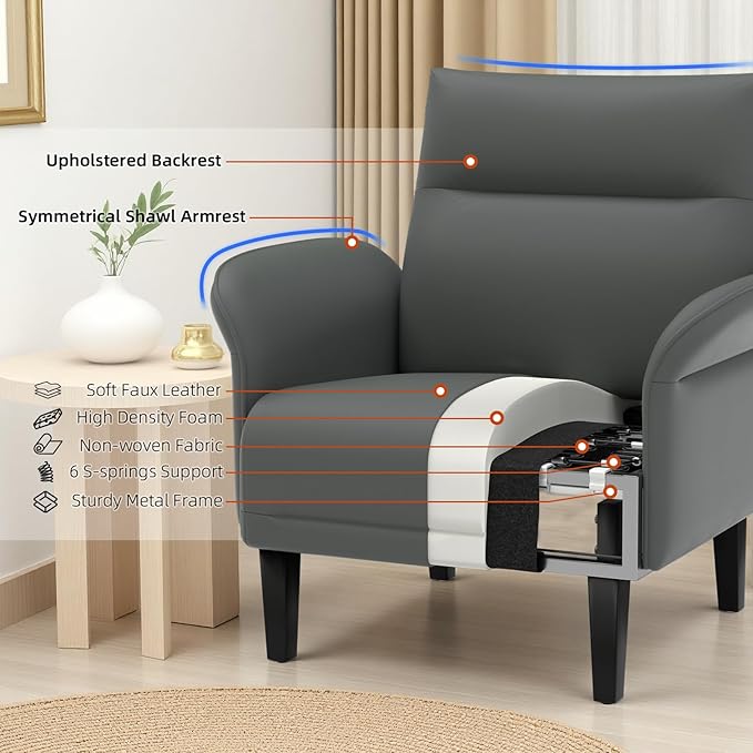 2-Pack Faux Leather Accent Sofas, Symmetrical Shawl Armchairs with Wide Armrests & Wooden Legs, Gray Sofa Chairs Set for Bedroom, Living Room, Compact Spaces