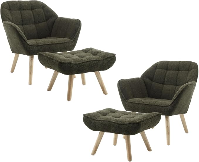 QUINJAY Modern Sherpa Accent Chair with Ottoman Set of 2, Fluffy Upholstered Lounge Chair with Footrest, Comfy Living Room Side Boucle Armchair for Small Space Bedroom, Green
