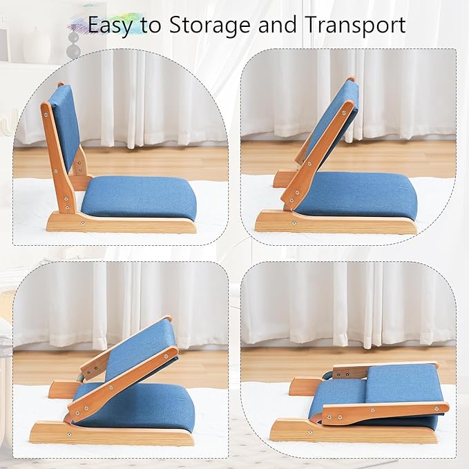 Japanese Floor Chair with Back Support, Foldable Meditation Chair, Legless Tatami Chair with Cushion, Floor Seat for Living Room, Bedroom, Bay Window (1, Blue)