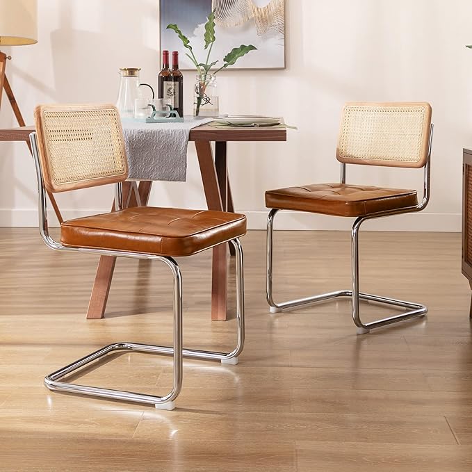 Zesthouse Natural Rattan Dining Chairs Set of 6, Modern Dining Room Chairs with Solid Wood Back for Kitchen Living Room, Mid Century Breuer Design Inspired, Upholstered Faux Leather Brown