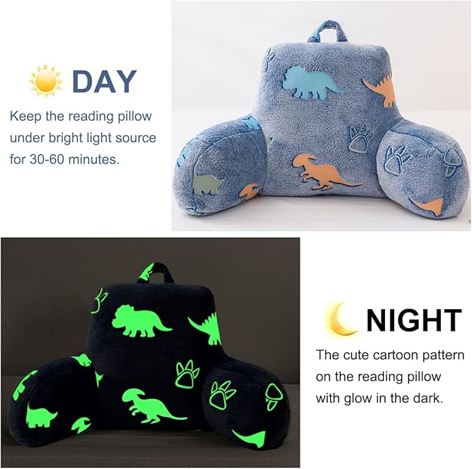 Holawakaka Glow in The Dark Reading Pillow for Sitting up in Bed Sofa Kids Teens, Luminous Dinosaurs Backrest Pillow with Arms, Boys Girls Back Support Cushion for Couch Floor Nursery Playroom