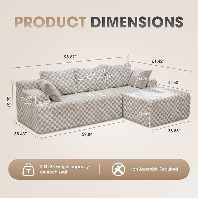 Modular Sectional Sofa Couches L-Shape Couch 3 Seat Modular Sofa Memory Foam Sectional Couches for Living Room, Cloud Couch with Oversized Chaise (GREYGREEN Check, 96" Right Facing Chaise)