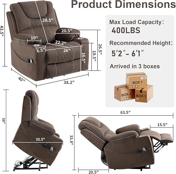 Oversized Power Lift Recliner Chair for Big and Tall 400 LBS, 26" Large Electirc Recliner Chair with Massage and Heating, Lay Flat Zero Gravity Recliner Sofa, Velvet, Coffee Brown