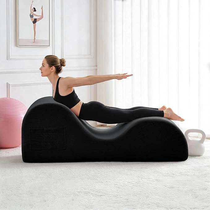 DRMBOOK Yoga Chairs for Adults, Corduroy Fabric Chaise Lounge with Headrest, Boneless Yoga Sofa Couch with Waist Cushion, Movable Footrest, Side Pockets for Relaxation Exercise Stretching (Black)