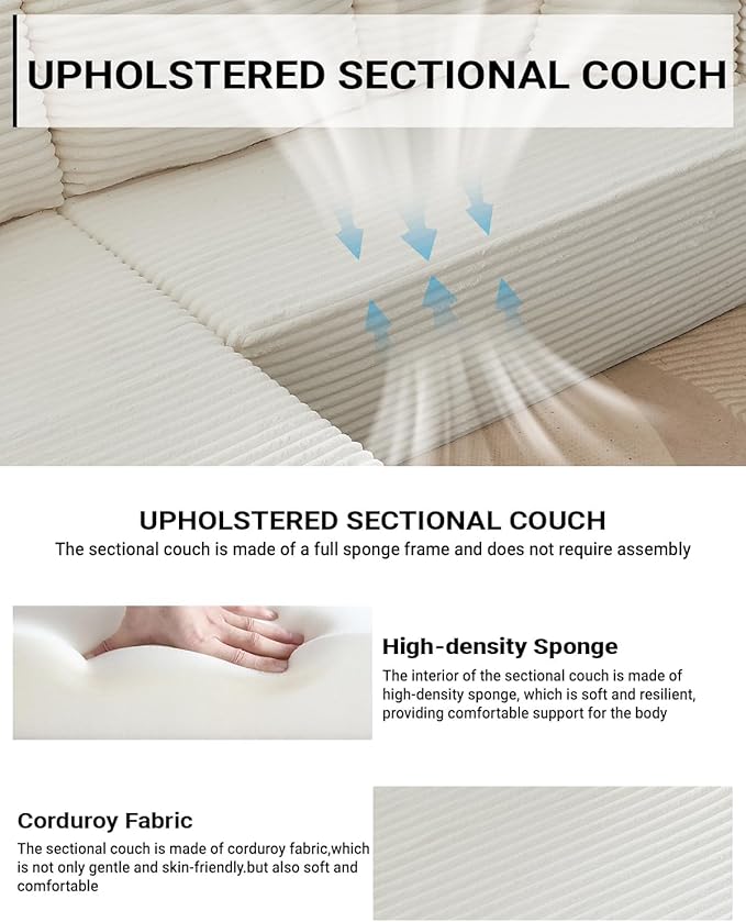Vanress Cloud Couch Sectional, Corduroy Boneless Couch with L-Shape Chaise, Modern Modular Sectional Sofa Comfy Deep Seat for Living Room, Bedroom, No Assembly (White, Right Facing Chaise)