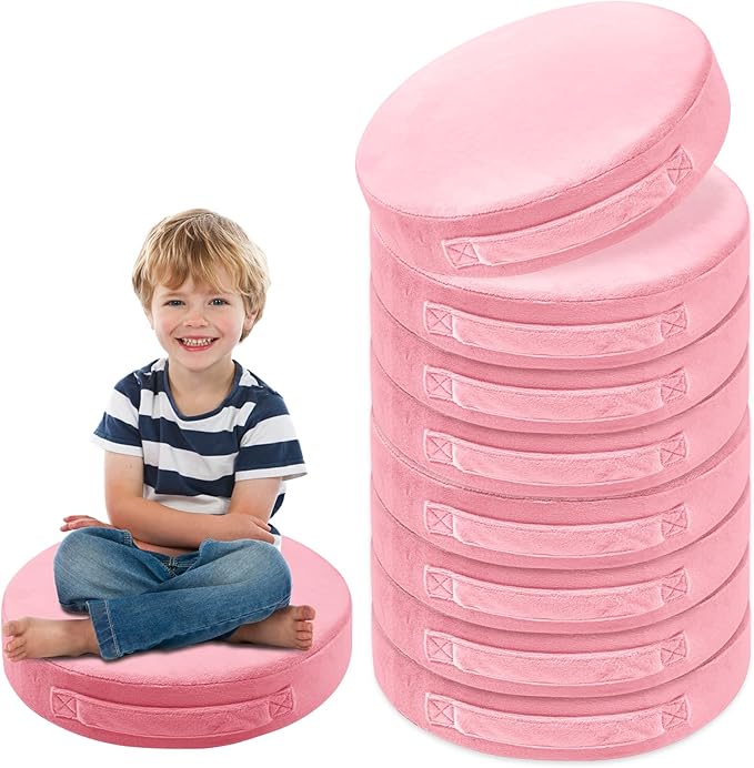 16 Pcs Round Floor Cushions for Kids, 15'' Plush Flexible Seating Pillows with Handles, Soft Chair Seats for Classroom Elementary Daycare Preschool Playroom Reading Corner Light Pink