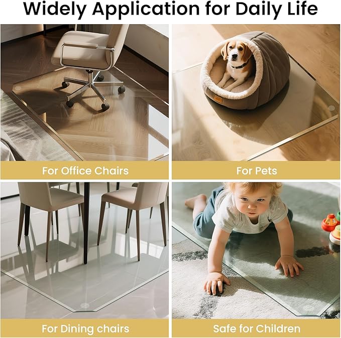Tempered Glass Chair Mat with Beveled Edge, 46"x36" Heavy Duty Glass Office Floor Mat for Carpets and Hard Floors, with Non-Slip Pads, Easy to Slide, Thick 1/5", Pat No.30004842