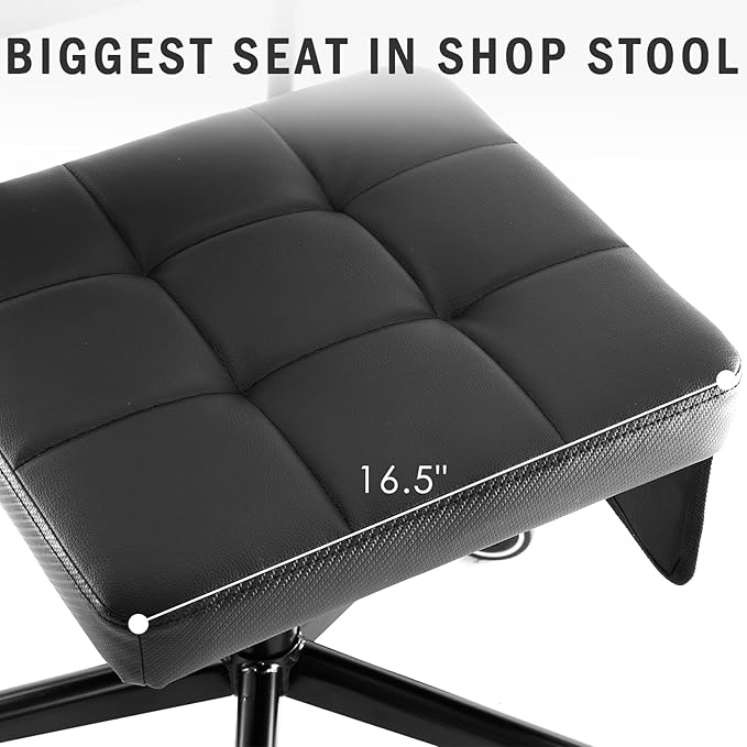 WUDOYO Adjustable Rolling Shop Stool with Tool Bags, Black Padded Seat, TPE Wheels, Real Backrest, Easy Handrail (Bending Work Seat Height(16-21"))