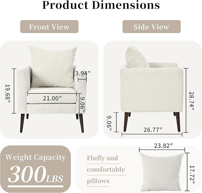 QKFF Barrel Accent Chair Set of 2 with Back Pillow, Large Upholstered Armchair with Solid Wood Legs Modern Reading Chairs for Living Room Bedroom