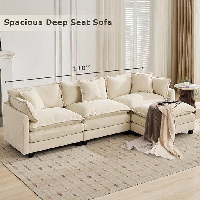SoarFlash 113.78" Chenille Sectional Sofa, Comfy L Shaped Modular Coush Sofa with Ottoman, Modern 4 Seat Couch Deep Seat Sofa Set for Living Room,Beige