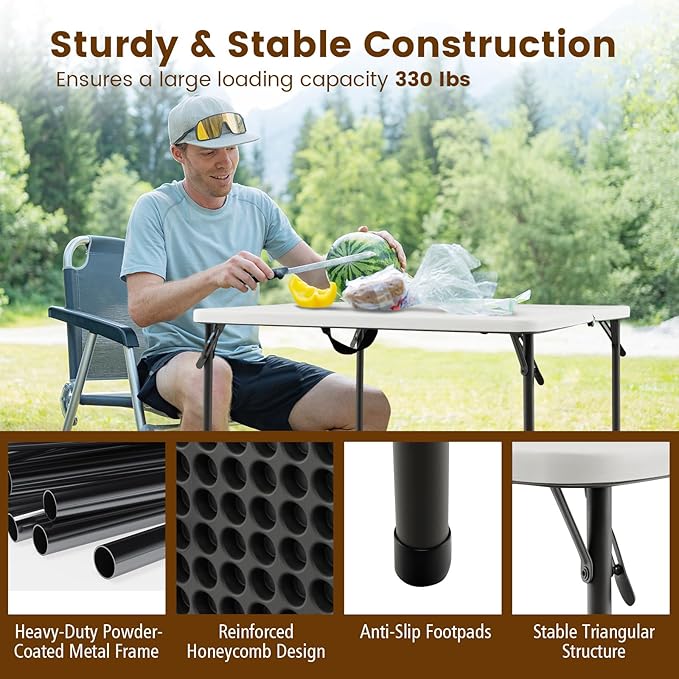 Tangkula 34" Folding Table, Portable Picnic Table with All-Weather HDPE Tabletop, Heavy-Duty Metal Frame, Carry Handle, Fold-in-Half Plastic Outdoor Table for Camping, Dining, BBQ, No Assembly Needed