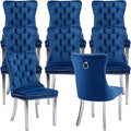 YeahFurn Mid Century Modern Dining Chairs Set of 8, Blue Velvet Upholstered Tufted Back, Kitchen & Dining Room Chairs, Brushed Silver Metal Legs, Nailhead Trim, Sillas para Comedor (Blue, 8 Pcs)