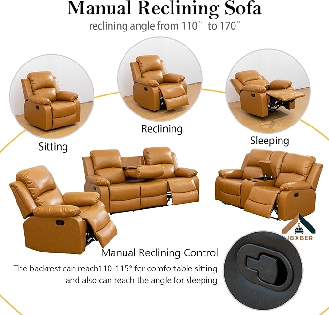 JBXBER Manual Recliner Sofa Set for Living Room, Leather Reclining Sofa Sets, Faux Leather Couch Set with Cup Holders, Drop-Down Table and Storage Console(Sofa and Loveseat,Ginger)