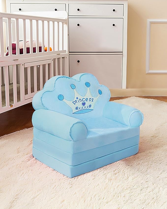 MOONBEEKI Kids Couch Fold Out, Foldable Princess Chair for Toddlers 1-3, Kids Furniture for Playroom, Gift for Birthday Christmas and Halloween, Blue