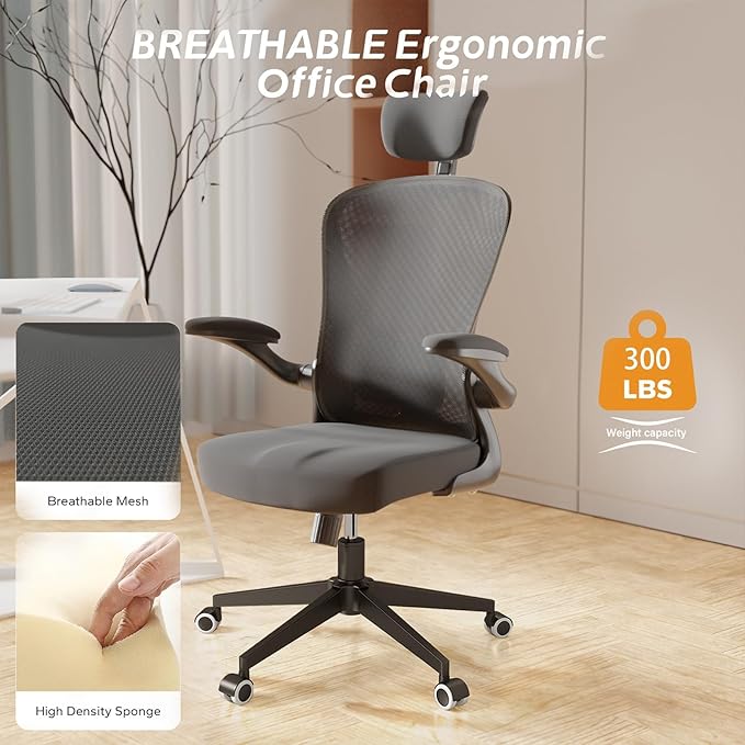 Office Chair with Adjustable Lumbar Support & Flip-Up Armrests -Ergonomic High Back Computer Desk Chair with Thickened Seat Cushion, Rolling Wheels for Home/Office Study Work (02H-Black)