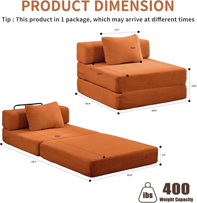 Folding Sofa Bed, Convertible Sleeper Chair with Pillow, Single Sofa with Back Support, Portable Fold Out Chair Cloud Couch Bed, Comfy Floor Sofa Lounge for Living Room Bedroom, Orange