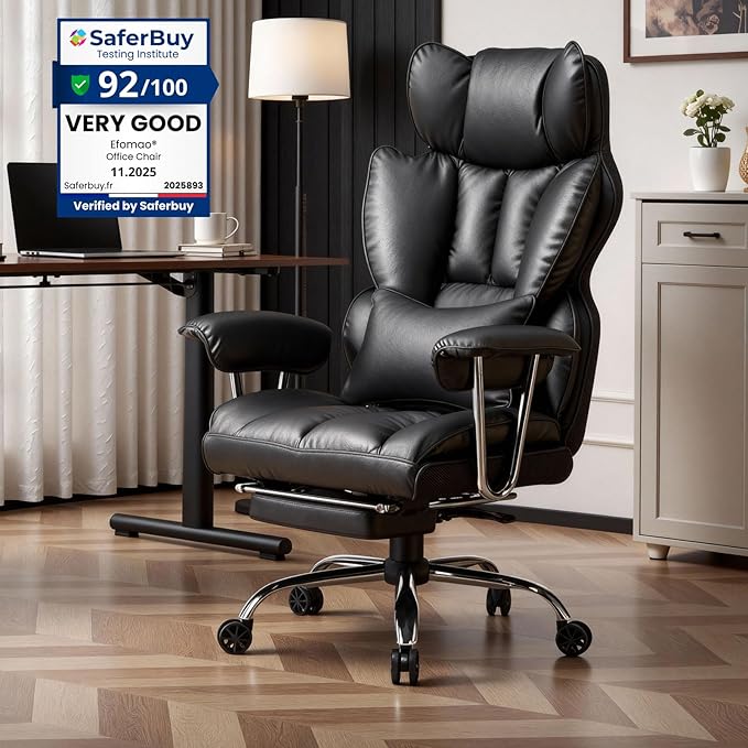 Efomao Big and Tall Office Chair with Foot Rest 400LBS, PU Leather Computer Chair, Heavy Duty Executive Office Chair with Lumbar Support, Black Home Office Chairs